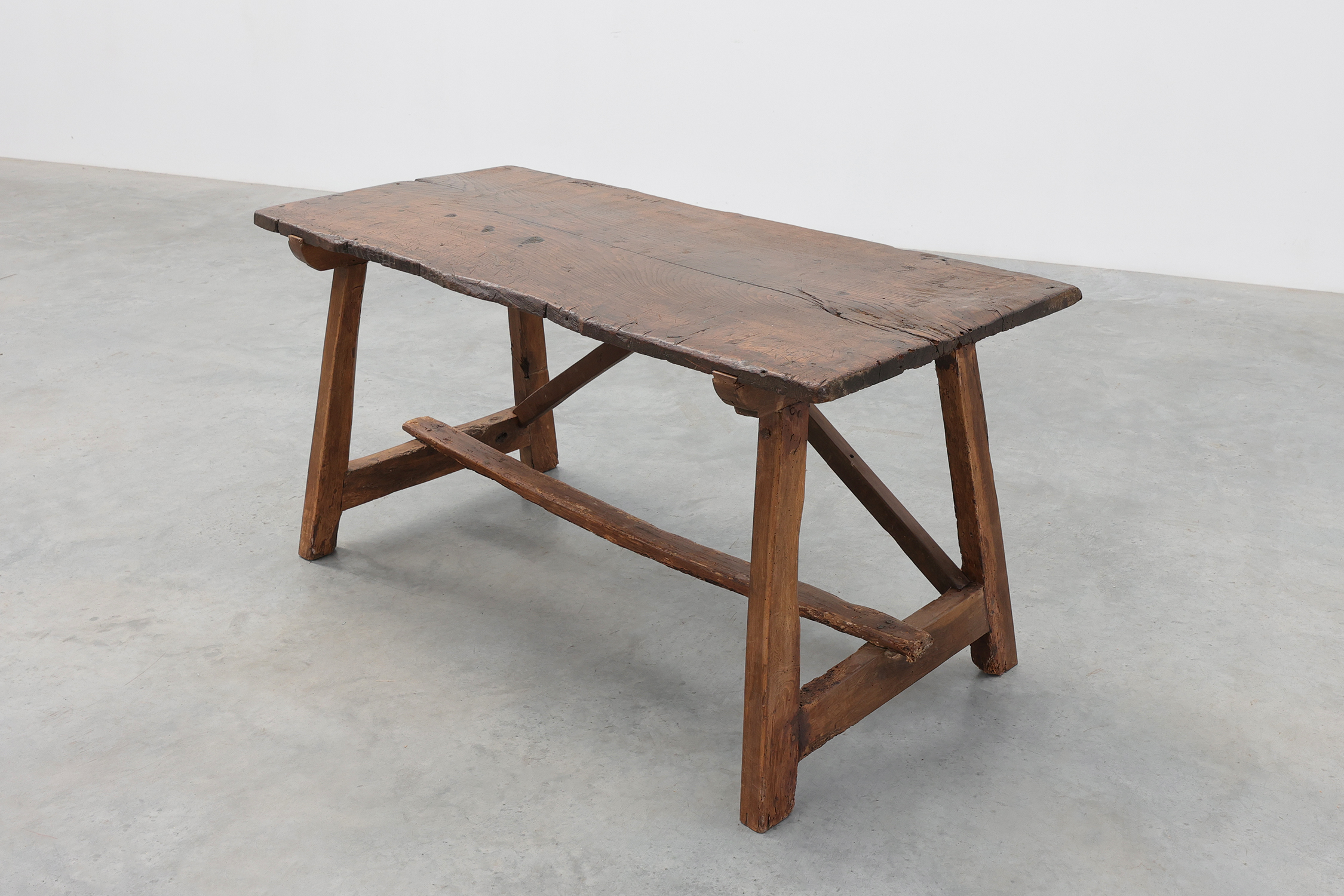 Spanish Rustic Trestle Table with Drawer and X-Stretchers, Spain, 19th Centurythumbnail